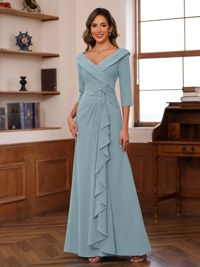 Sheath Column V Neck 3 4 Length Sleeves Floor Length Unique Mother Of The Bride Dresses With Ruffles Appliques