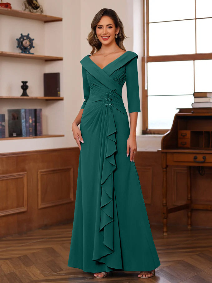 Sheath Column V Neck 3 4 Length Sleeves Floor Length Unique Mother Of The Bride Dresses With Ruffles Appliques