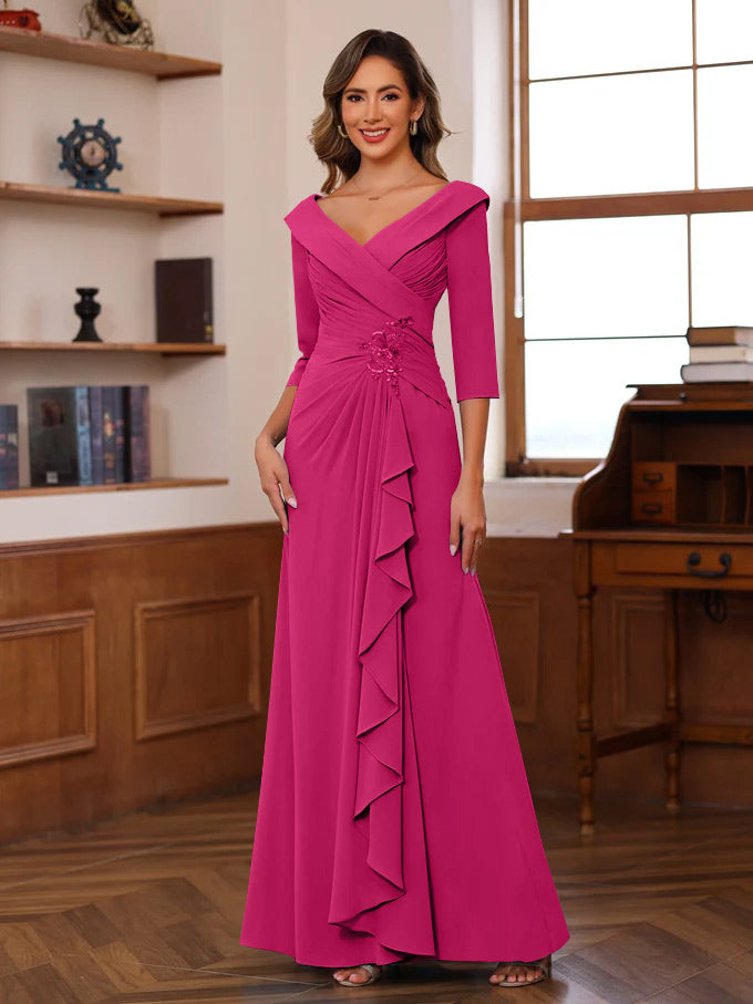Sheath Column V Neck 3 4 Length Sleeves Floor Length Unique Mother Of The Bride Dresses With Ruffles Appliques