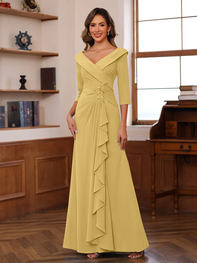 Sheath Column V Neck 3 4 Length Sleeves Floor Length Unique Mother Of The Bride Dresses With Ruffles Appliques