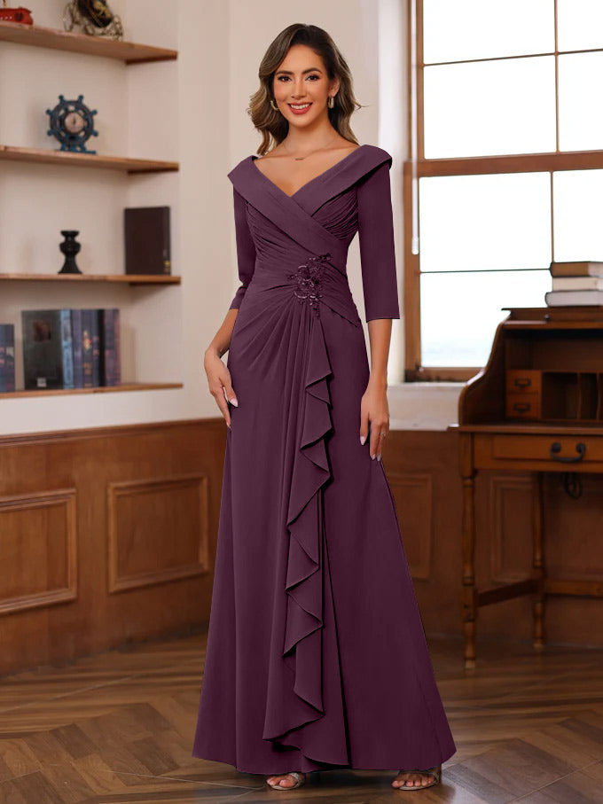 Sheath Column V Neck 3 4 Length Sleeves Floor Length Unique Mother Of The Bride Dresses With Ruffles Appliques