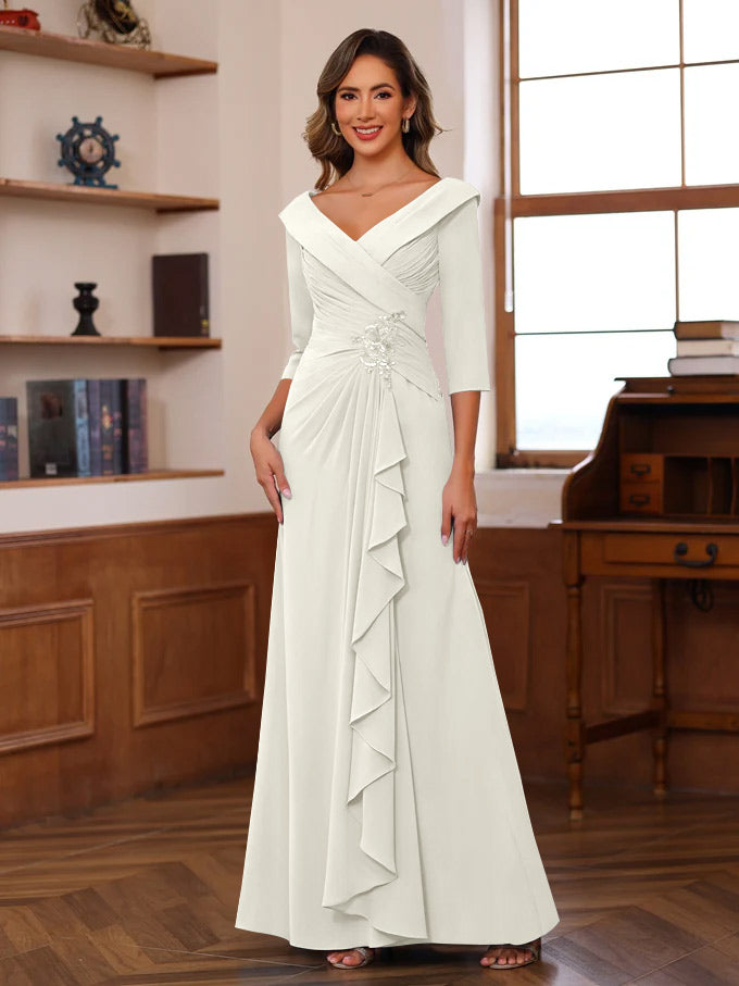 Sheath Column V Neck 3 4 Length Sleeves Floor Length Unique Mother Of The Bride Dresses With Ruffles Appliques