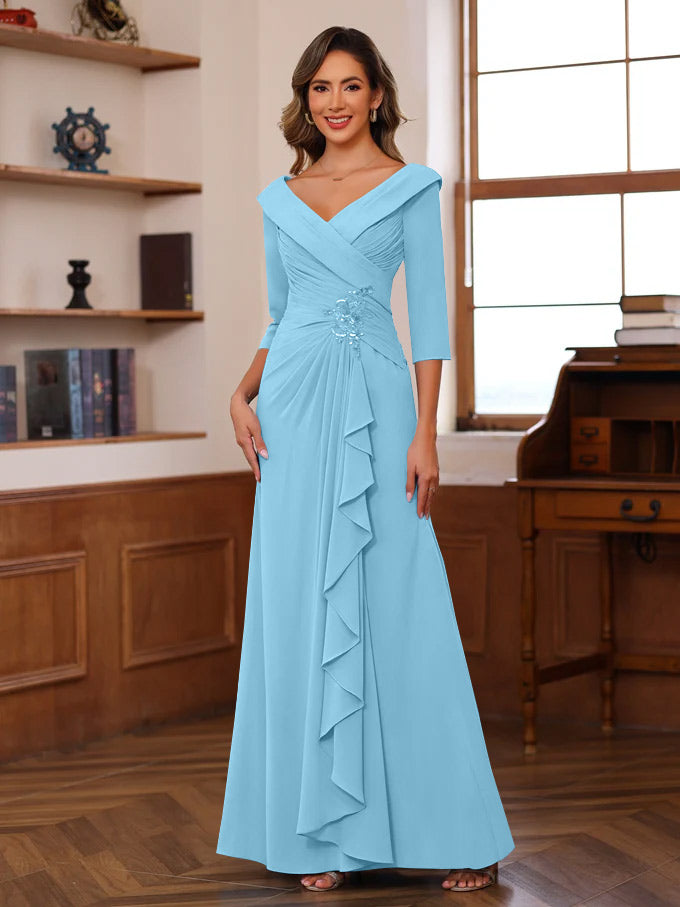 Sheath Column V Neck 3 4 Length Sleeves Floor Length Unique Mother Of The Bride Dresses With Ruffles Appliques