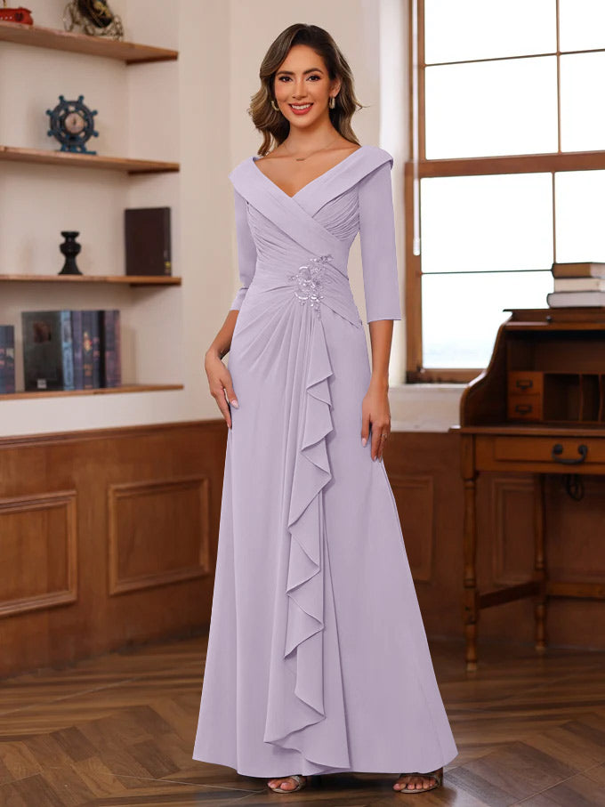 Sheath Column V Neck 3 4 Length Sleeves Floor Length Unique Mother Of The Bride Dresses With Ruffles Appliques