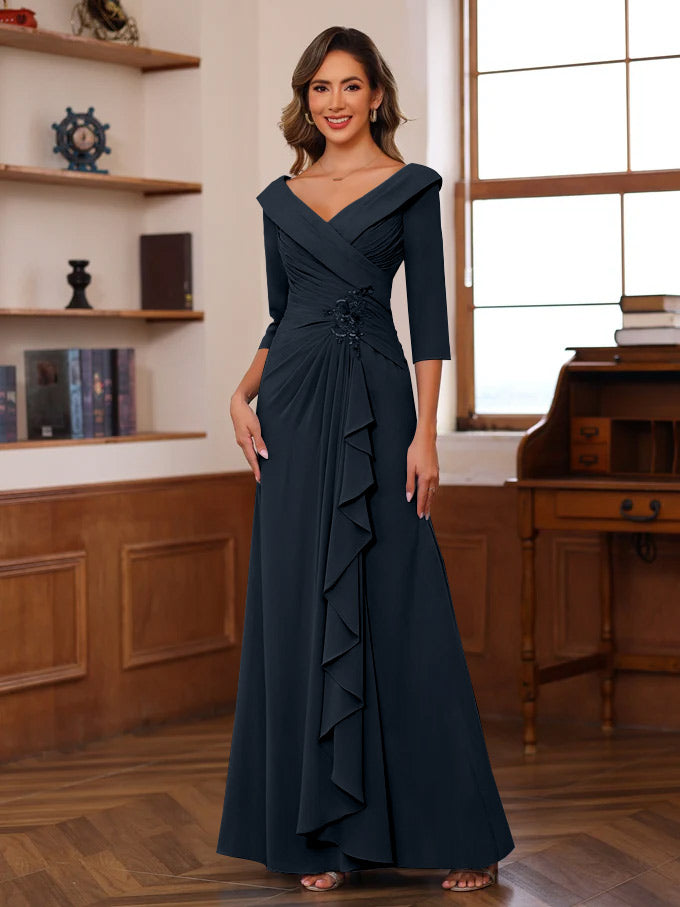 Sheath Column V Neck 3 4 Length Sleeves Floor Length Unique Mother Of The Bride Dresses With Ruffles Appliques