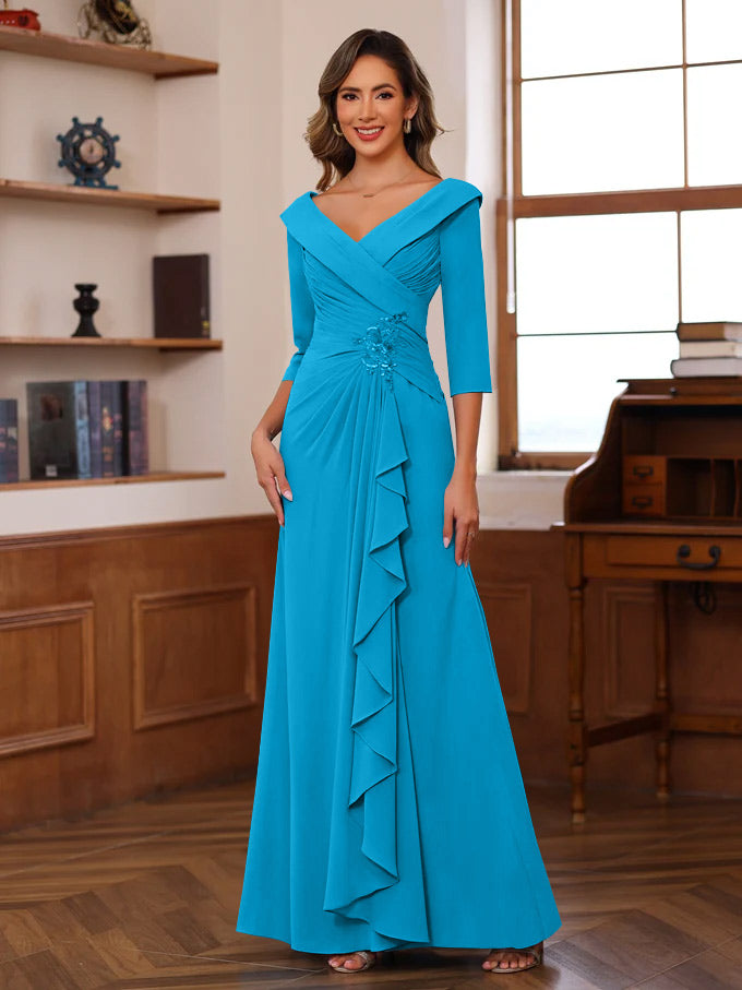 Sheath Column V Neck 3 4 Length Sleeves Floor Length Unique Mother Of The Bride Dresses With Ruffles Appliques