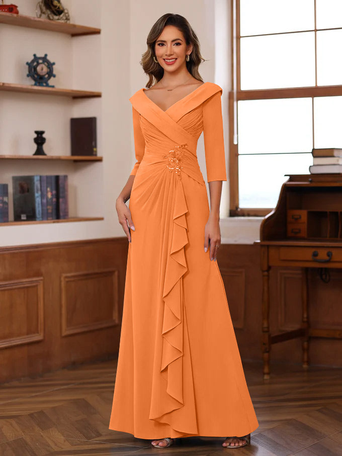 Sheath Column V Neck 3 4 Length Sleeves Floor Length Unique Mother Of The Bride Dresses With Ruffles Appliques
