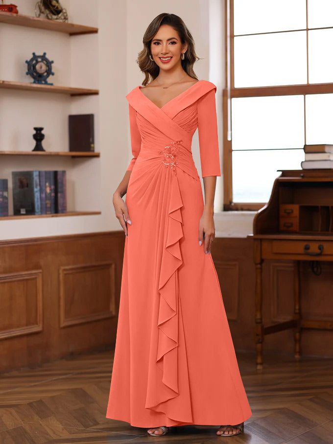 Sheath Column V Neck 3 4 Length Sleeves Floor Length Unique Mother Of The Bride Dresses With Ruffles Appliques
