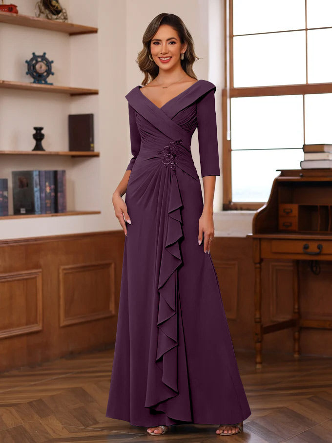 Sheath Column V Neck 3 4 Length Sleeves Floor Length Unique Mother Of The Bride Dresses With Ruffles Appliques