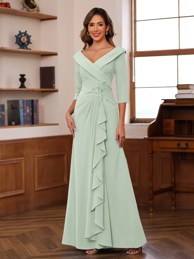 Sheath Column V Neck 3 4 Length Sleeves Floor Length Unique Mother Of The Bride Dresses With Ruffles Appliques