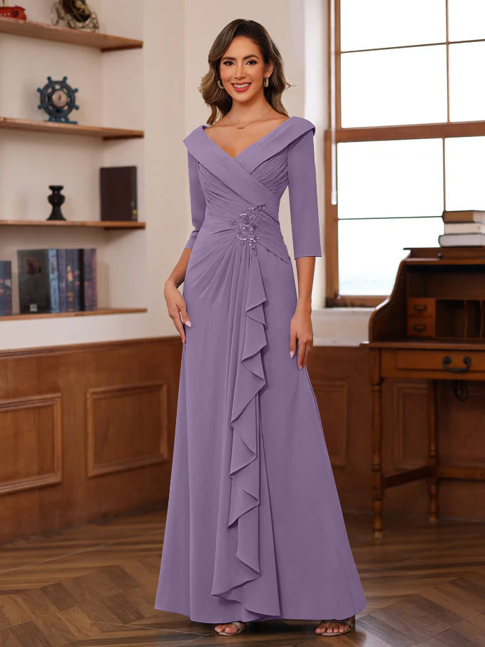 Sheath Column V Neck 3 4 Length Sleeves Floor Length Unique Mother Of The Bride Dresses With Ruffles Appliques