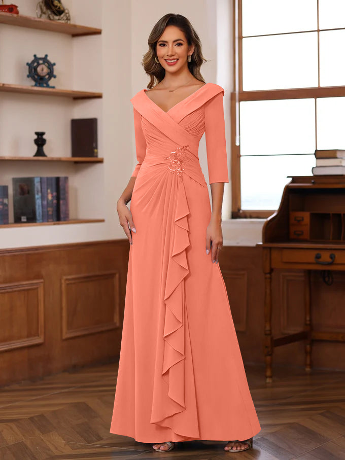 Sheath Column V Neck 3 4 Length Sleeves Floor Length Unique Mother Of The Bride Dresses With Ruffles Appliques