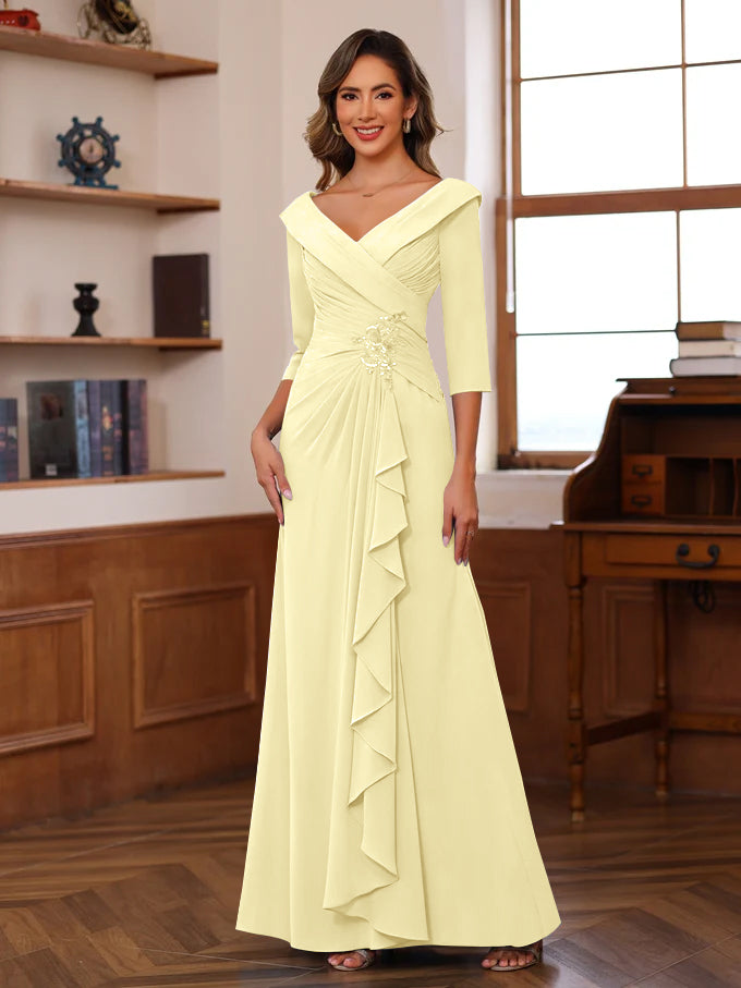 Sheath Column V Neck 3 4 Length Sleeves Floor Length Unique Mother Of The Bride Dresses With Ruffles Appliques