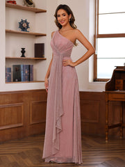 A Line Princess One Shoulder Sleeveless Floor Length Mother Of The Bride Dresses With Ruffles