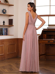 A Line Princess V Neck Sleeveless Floor Length Unique Mother Of The Bride Dresses With Ruffles