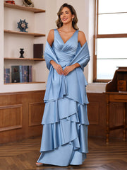 A Line Princess V Neck Sleeveless Floor Length Mother Of The Bride Dresses With Ruffles Wrap