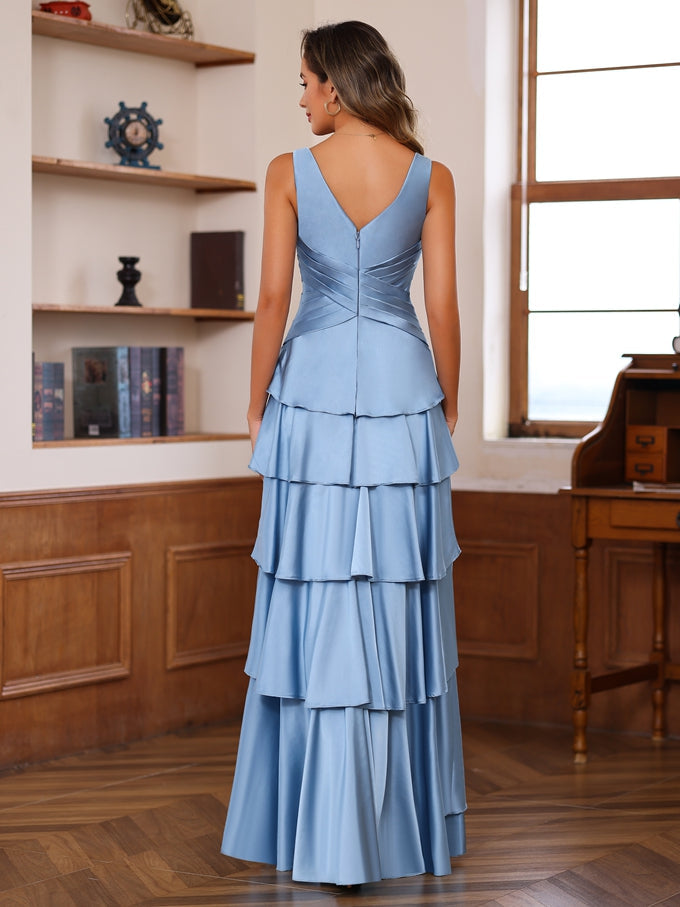 A Line Princess V Neck Sleeveless Floor Length Mother Of The Bride Dresses With Ruffles Wrap