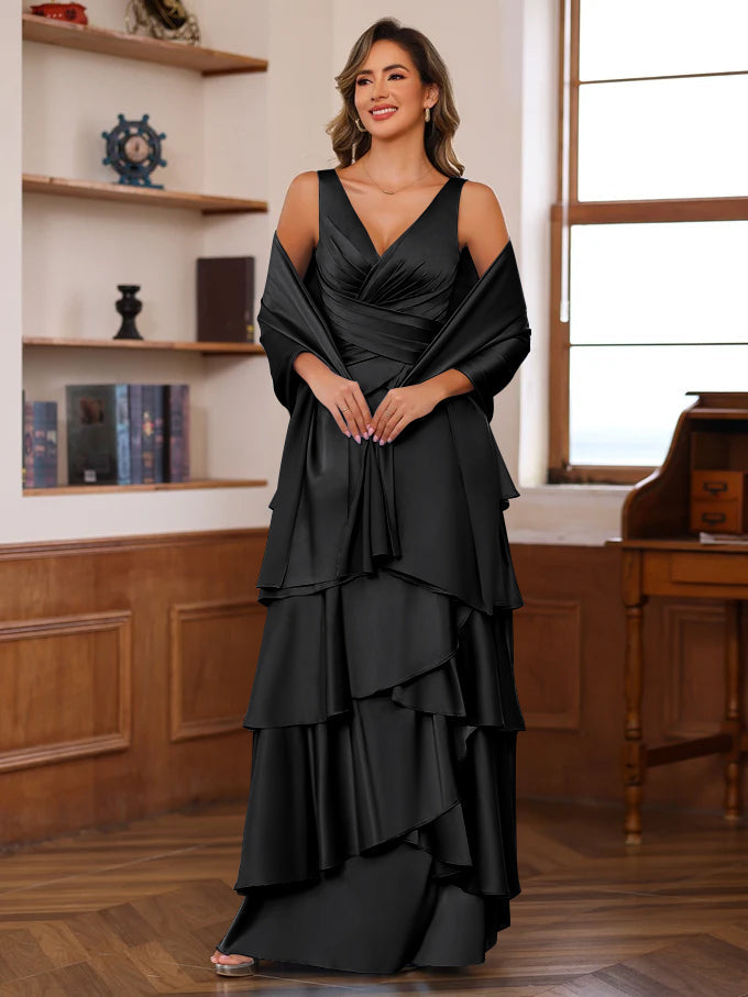 A Line Princess V Neck Sleeveless Floor Length Mother Of The Bride Dresses With Ruffles Wrap