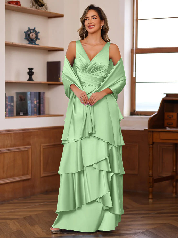 A Line Princess V Neck Sleeveless Floor Length Mother Of The Bride Dresses With Ruffles Wrap
