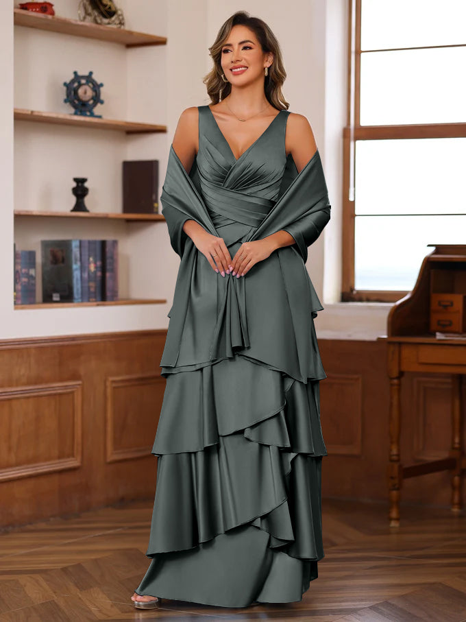 A Line Princess V Neck Sleeveless Floor Length Mother Of The Bride Dresses With Ruffles Wrap
