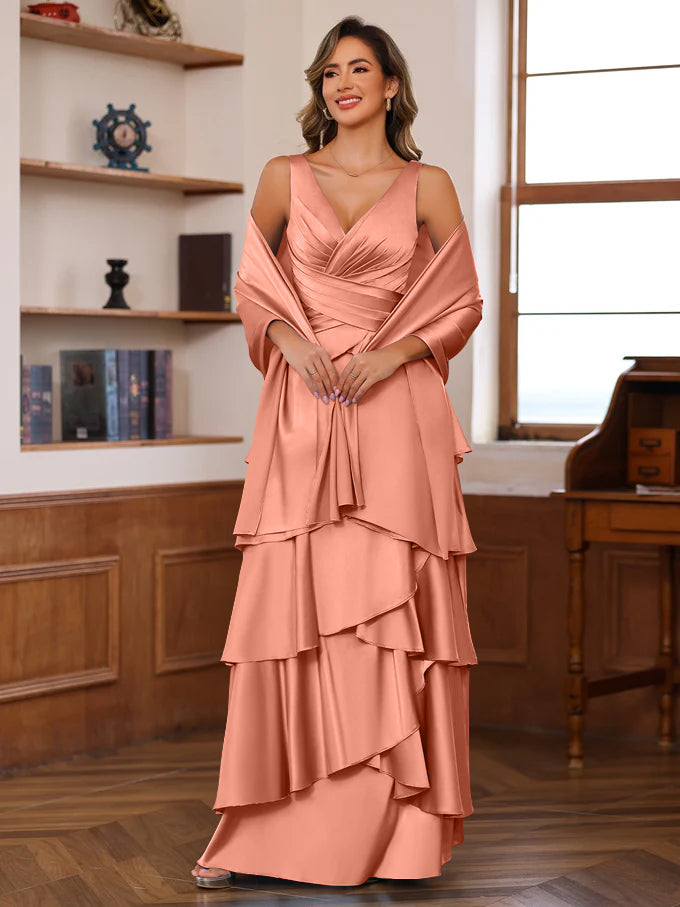 A Line Princess V Neck Sleeveless Floor Length Mother Of The Bride Dresses With Ruffles Wrap