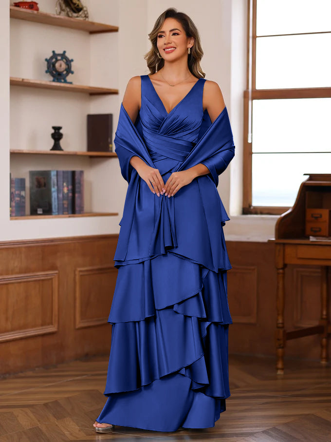 A Line Princess V Neck Sleeveless Floor Length Mother Of The Bride Dresses With Ruffles Wrap