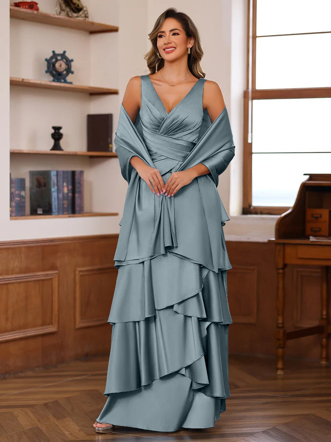 A Line Princess V Neck Sleeveless Floor Length Mother Of The Bride Dresses With Ruffles Wrap