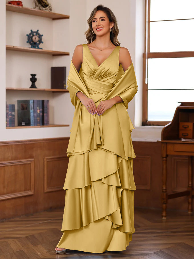 A Line Princess V Neck Sleeveless Floor Length Mother Of The Bride Dresses With Ruffles Wrap