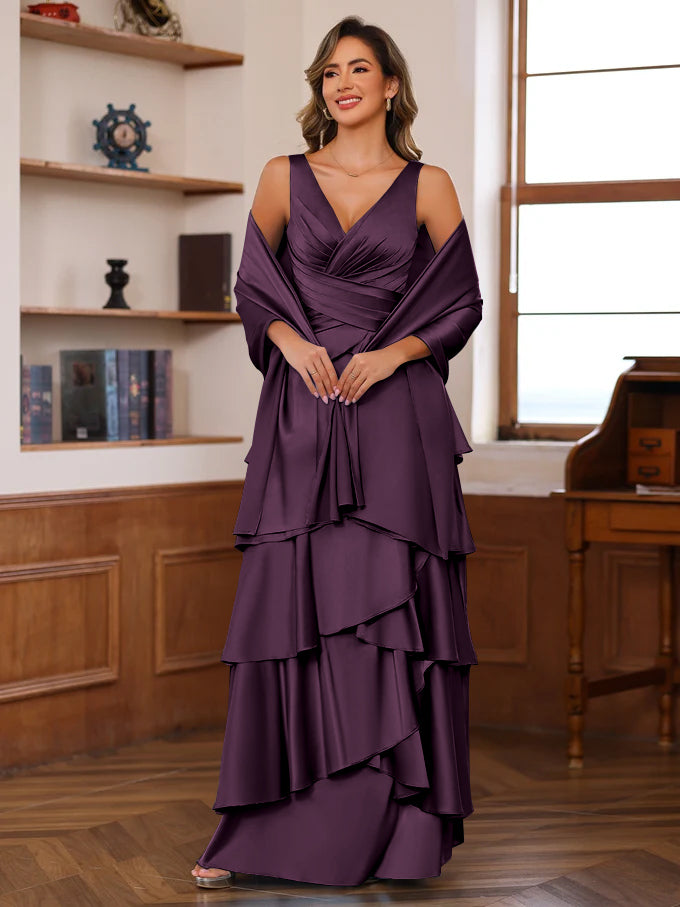 A Line Princess V Neck Sleeveless Floor Length Mother Of The Bride Dresses With Ruffles Wrap