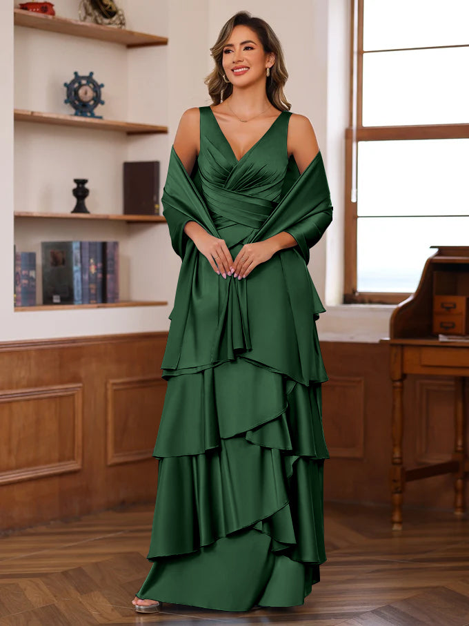 A Line Princess V Neck Sleeveless Floor Length Mother Of The Bride Dresses With Ruffles Wrap