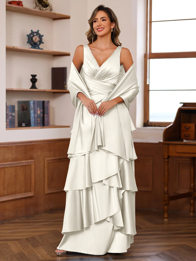 A Line Princess V Neck Sleeveless Floor Length Mother Of The Bride Dresses With Ruffles Wrap