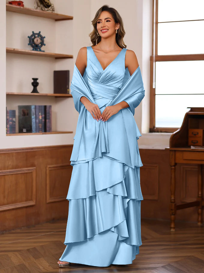 A Line Princess V Neck Sleeveless Floor Length Mother Of The Bride Dresses With Ruffles Wrap