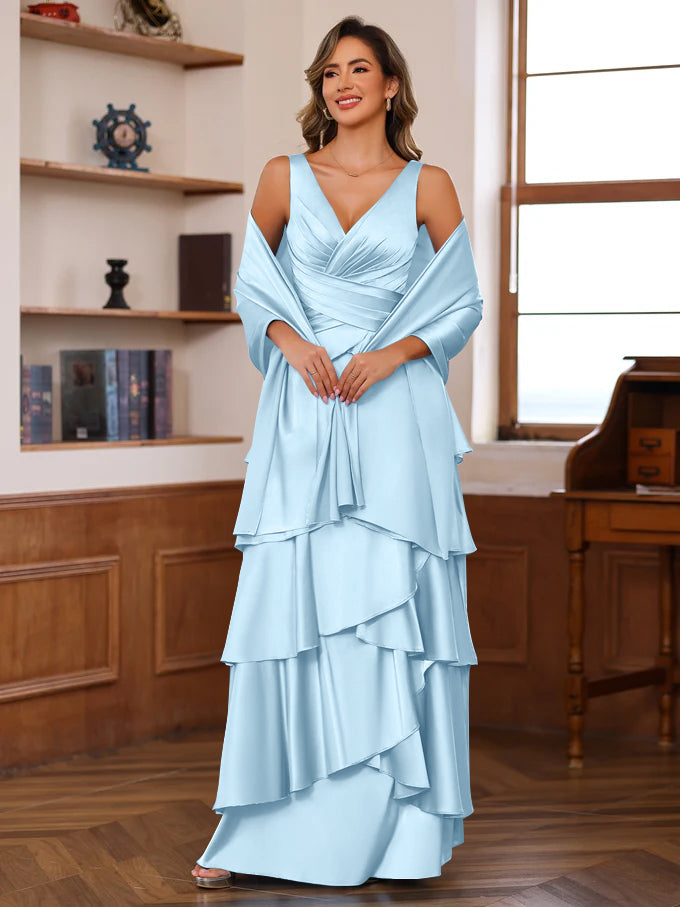 A Line Princess V Neck Sleeveless Floor Length Mother Of The Bride Dresses With Ruffles Wrap