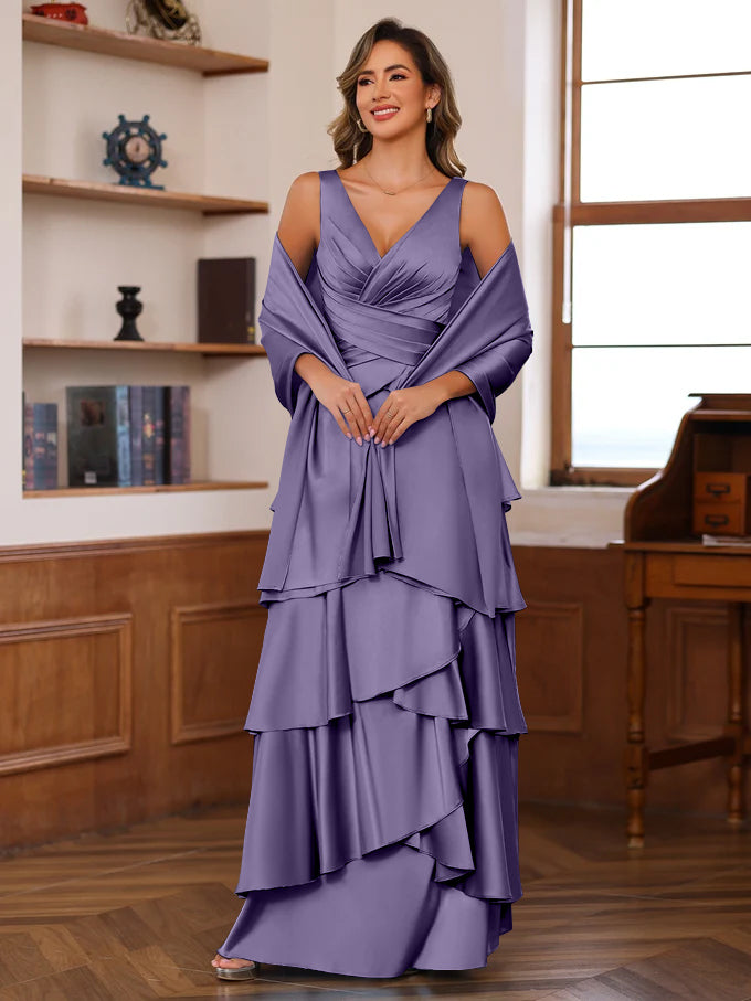 A Line Princess V Neck Sleeveless Floor Length Mother Of The Bride Dresses With Ruffles Wrap