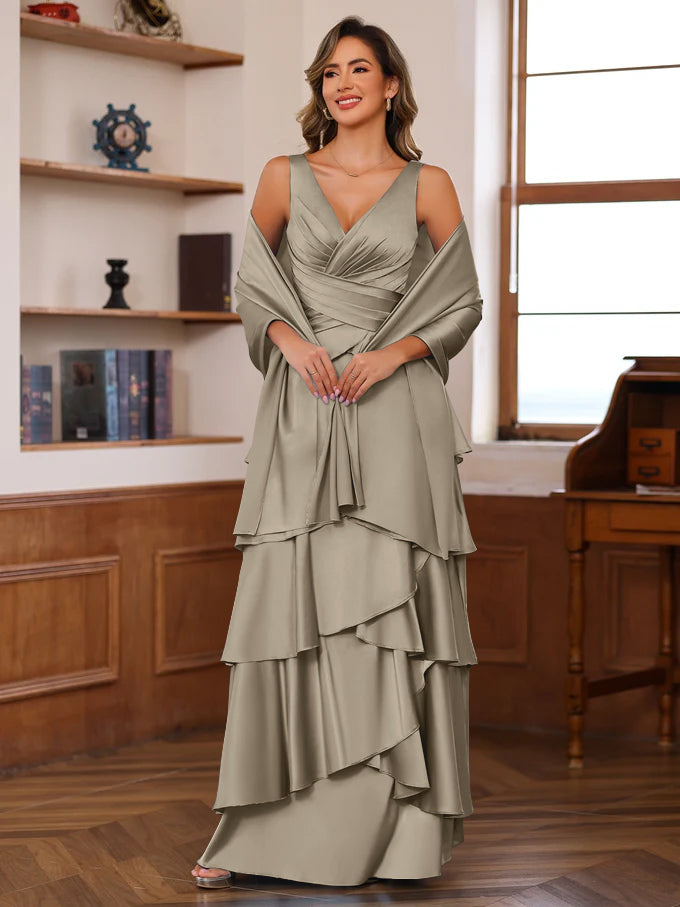 A Line Princess V Neck Sleeveless Floor Length Mother Of The Bride Dresses With Ruffles Wrap