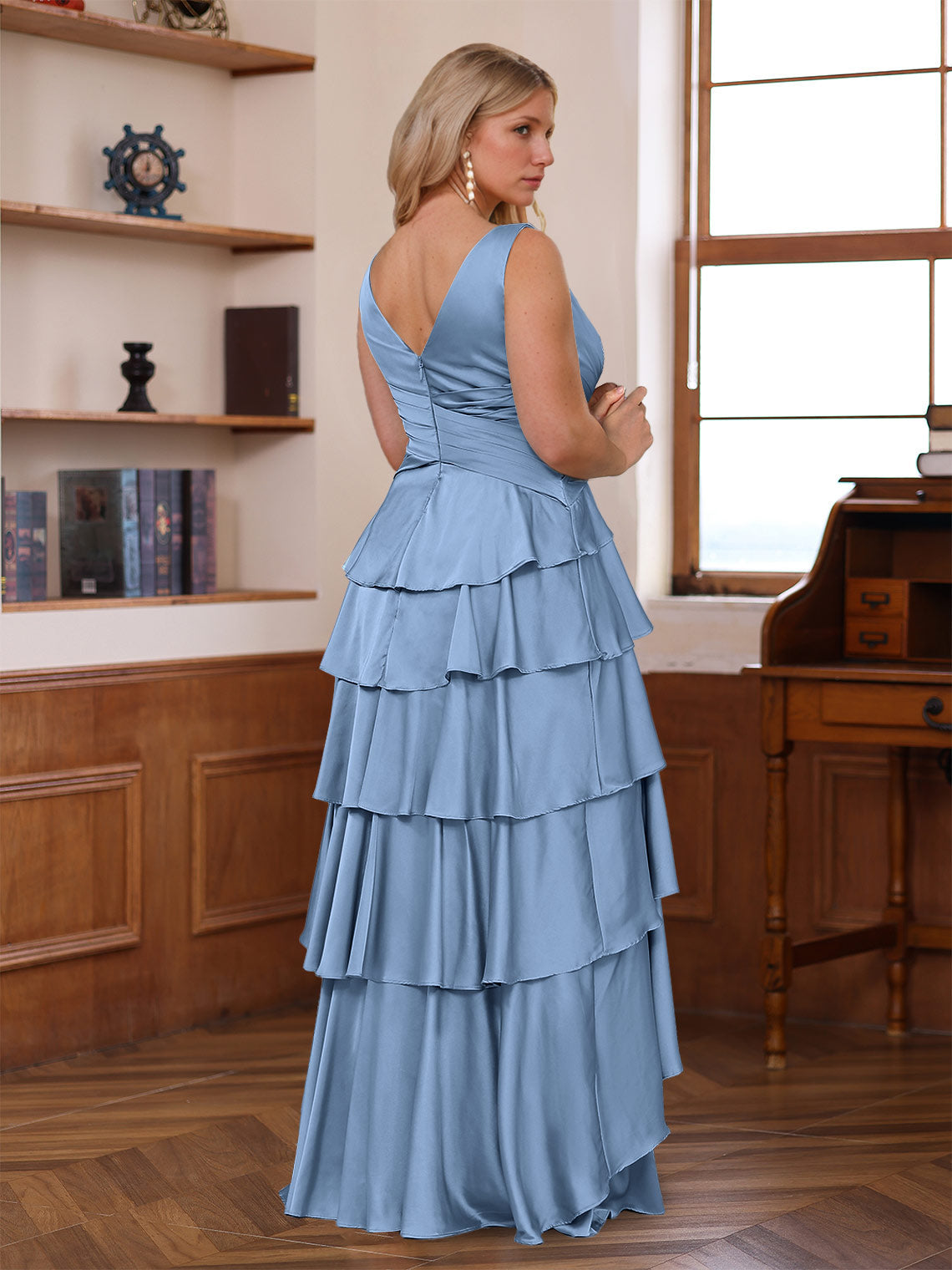 A Line Princess V Neck Sleeveless Floor Length Mother Of The Bride Dresses With Ruffles Wrap
