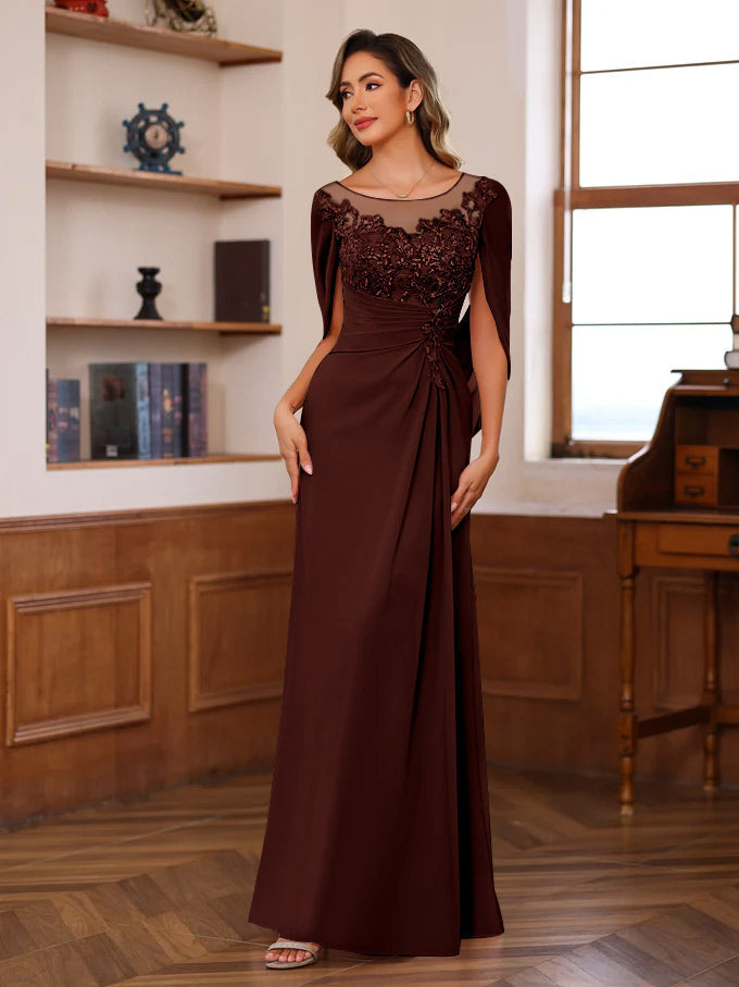 A Line Princess Scoop Floor Length Mother Of The Bride Outfits With Pleated Sequins