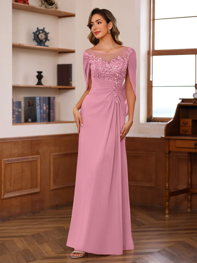A Line Princess Scoop Floor Length Mother Of The Bride Outfits With Pleated Sequins