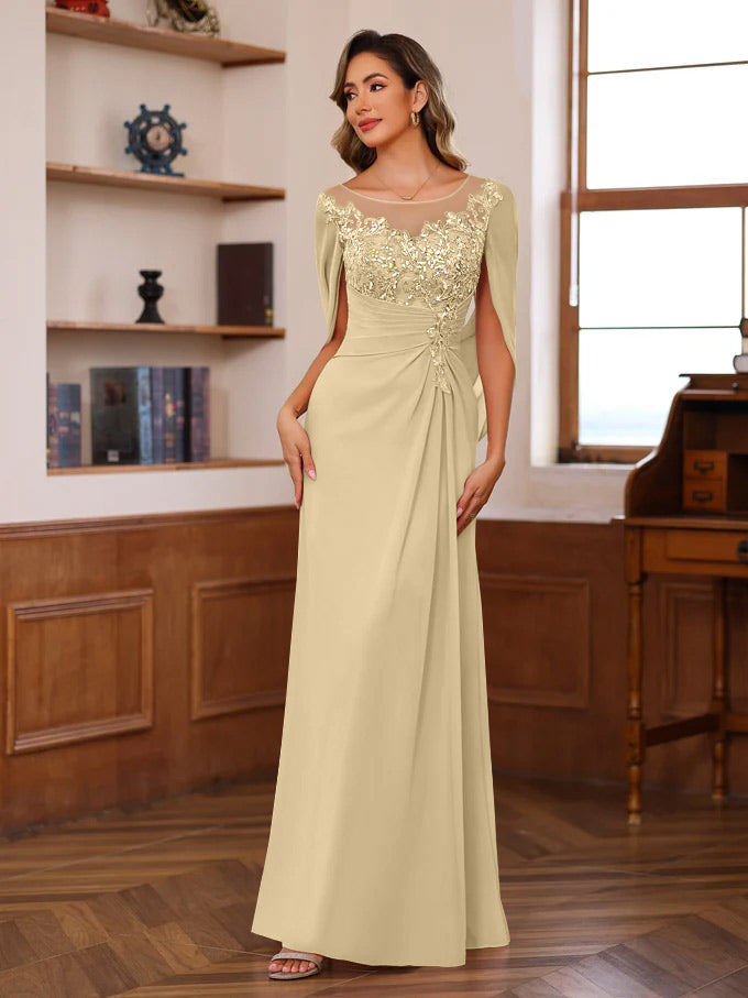 A Line Princess Scoop Floor Length Mother Of The Bride Outfits With Pleated Sequins