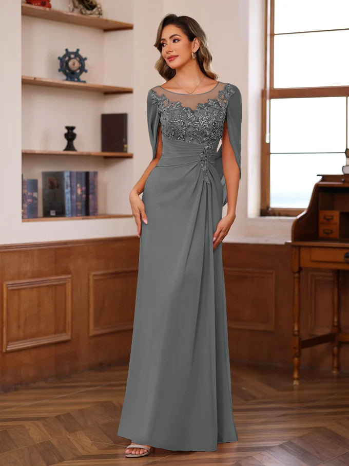 A Line Princess Scoop Floor Length Mother Of The Bride Outfits With Pleated Sequins