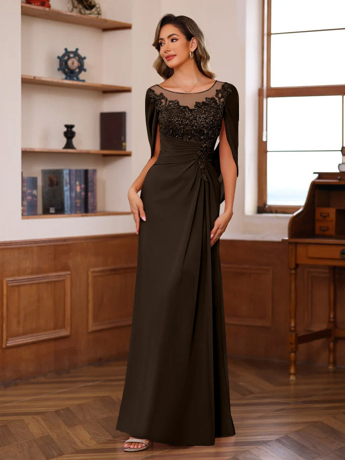 A Line Princess Scoop Floor Length Mother Of The Bride Outfits With Pleated Sequins