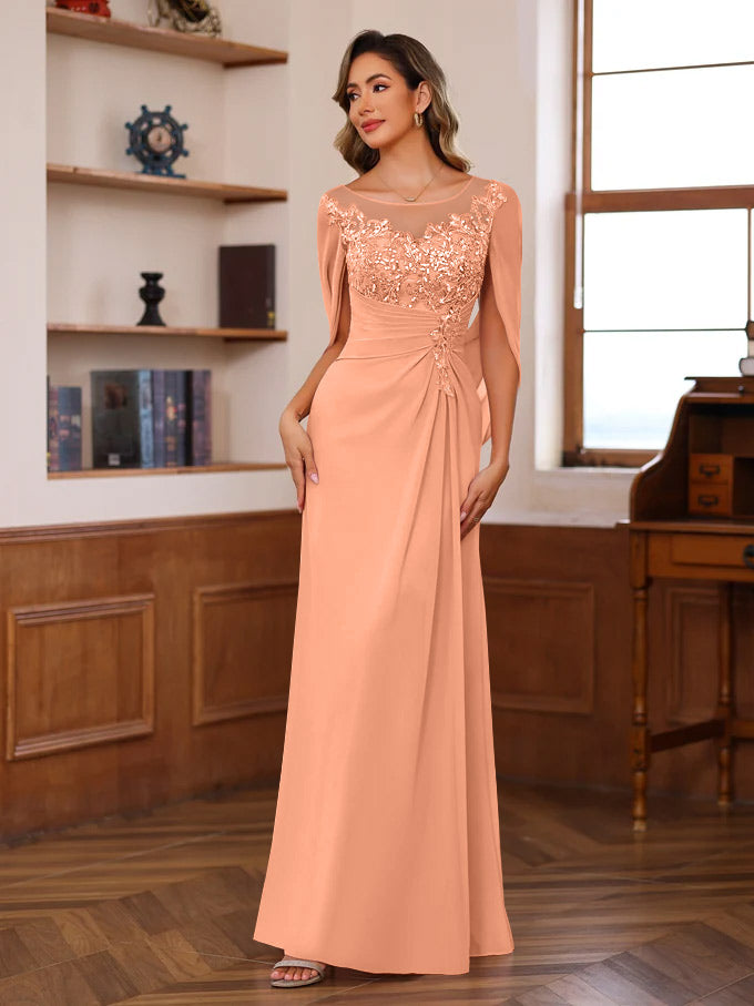 A Line Princess Scoop Floor Length Mother Of The Bride Outfits With Pleated Sequins