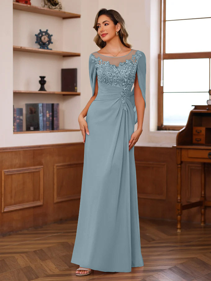 A Line Princess Scoop Floor Length Mother Of The Bride Outfits With Pleated Sequins