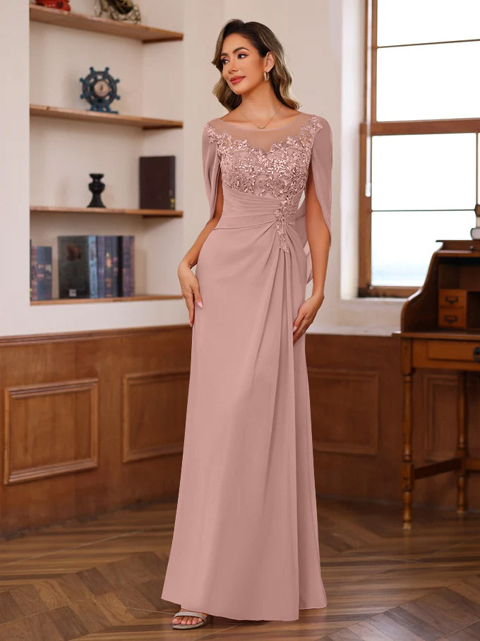 A Line Princess Scoop Floor Length Mother Of The Bride Outfits With Pleated Sequins