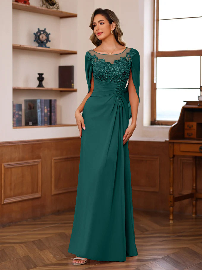 A Line Princess Scoop Floor Length Mother Of The Bride Outfits With Pleated Sequins