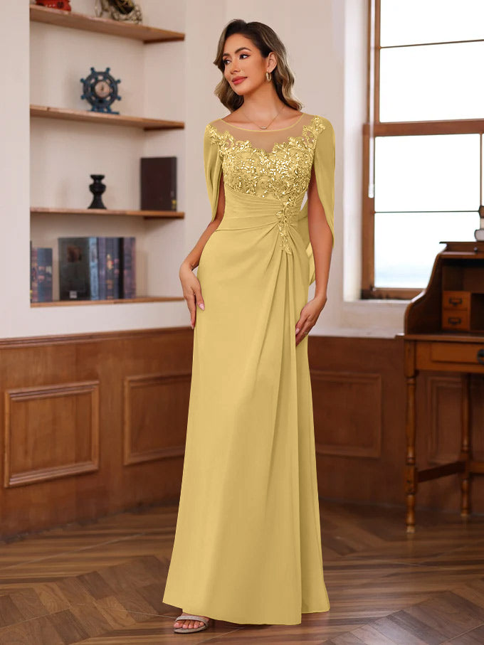 A Line Princess Scoop Floor Length Mother Of The Bride Outfits With Pleated Sequins