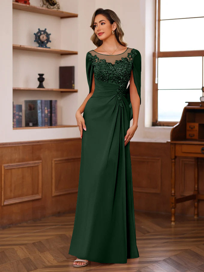 A Line Princess Scoop Floor Length Mother Of The Bride Outfits With Pleated Sequins