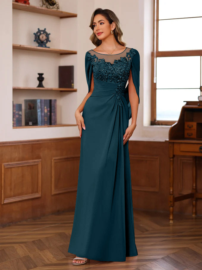 A Line Princess Scoop Floor Length Mother Of The Bride Outfits With Pleated Sequins