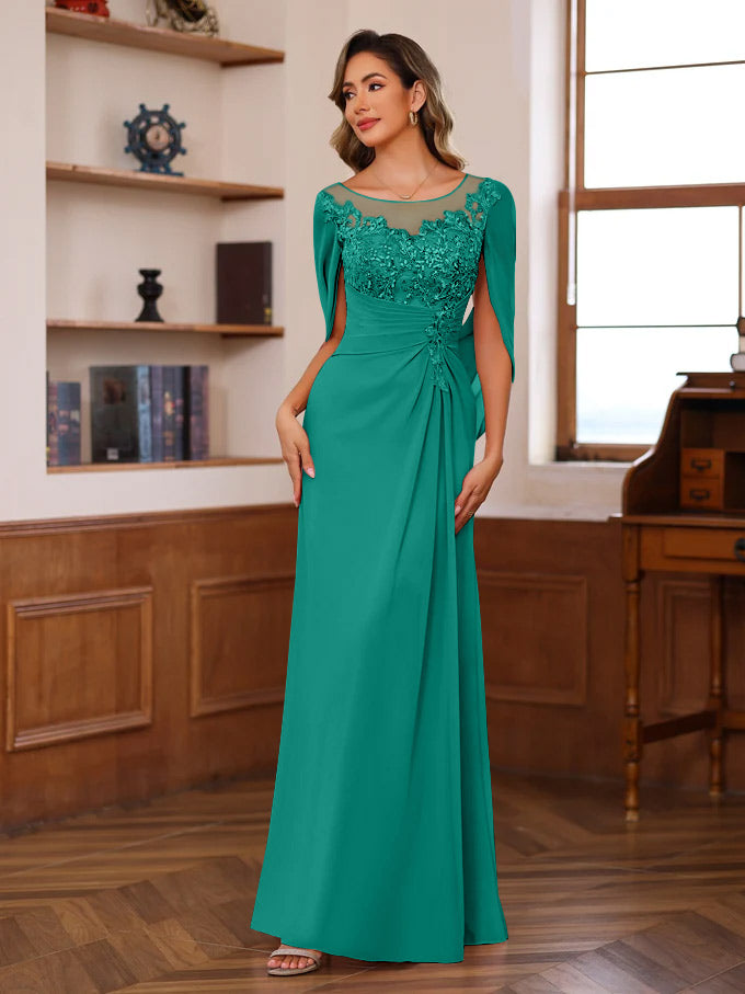 A Line Princess Scoop Floor Length Mother Of The Bride Outfits With Pleated Sequins