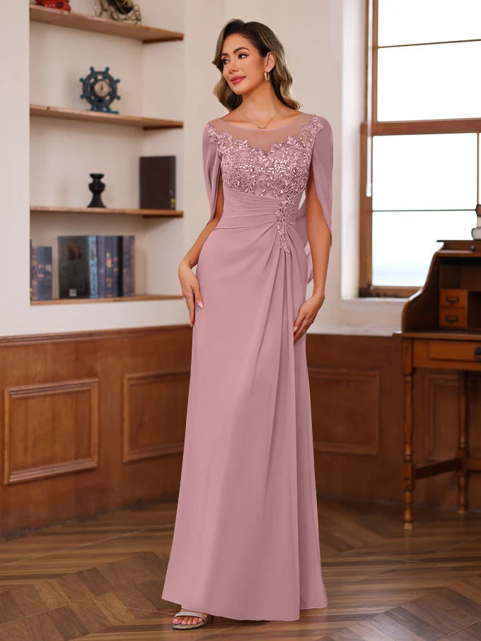 A Line Princess Scoop Floor Length Mother Of The Bride Outfits With Pleated Sequins